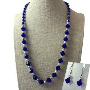 Blue Silver Tone Faceted Beaded Necklace & Earrings Set Acrylic Costume Jewelry
